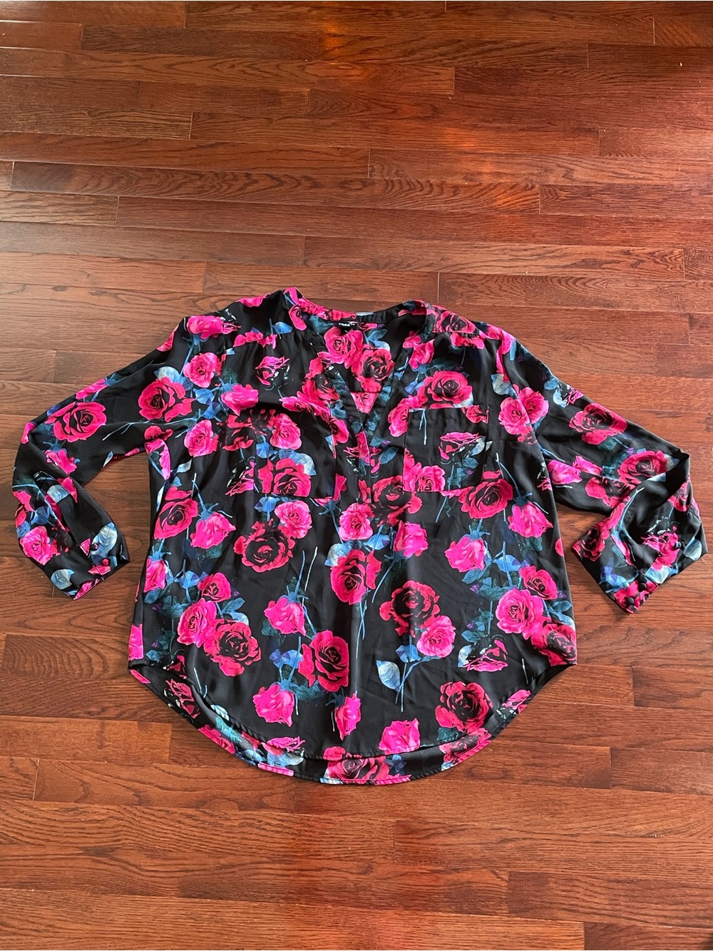 Women’s Torrid Harper Plus Size Black Floral Blouse with Pink and Blue print